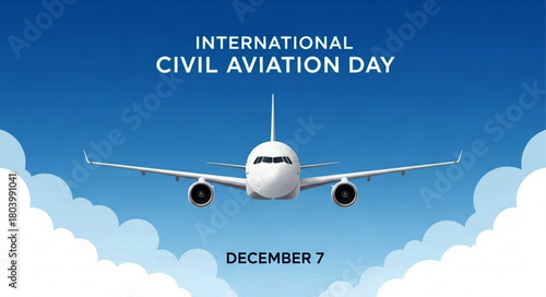 Frontal View of a White Passenger Airplane Flying in a Blue Sky with Clouds.