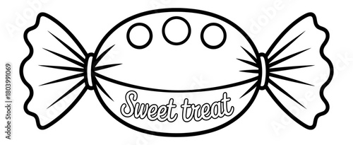 Line art outline drawing of a classic wrapped candy or sweet treat with the words 'sweet treat' in a playful font, perfect for coloring books