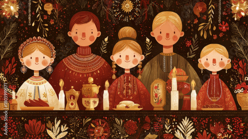 Traditional Orthodox Christmas family feast illustration with ornate Slavic embroidery patterns and warm candlelit winter holiday atmosphere for seasonal presentations.
