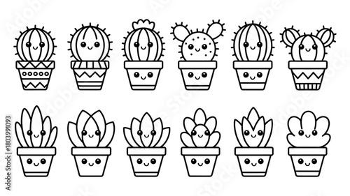 Cute kawaii black and white line art collection of various potted cacti and succulent plants with smiling faces, perfect for children's designs and decorative elements.