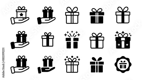 Gift box icons set, featuring various presents with ribbons, hands giving, and celebration symbols for holiday, shopping, and reward designs.