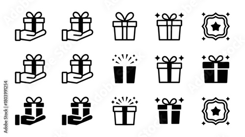 Outline and solid filled gift icons, featuring hands presenting boxes, festive packages, and celebratory star badges, perfect for rewards, bonuses and promo