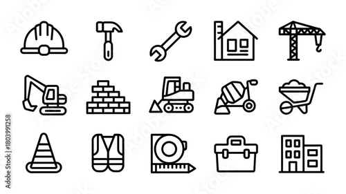 Construction tools and equipment line art icons set for building and renovation projects, showcasing essential industry symbols for various trades