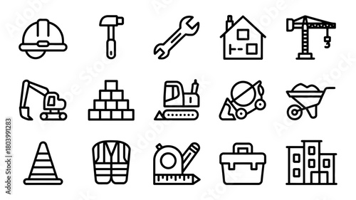 Construction and building icons vector set illustrating various tools, equipment, and structures for engineering and development projects