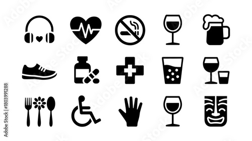 Set of black silhouette icons representing modern lifestyle, health, medical, fitness, food, drink, and cultural symbols isolated on white background
