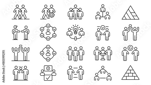 Outline business people icon set for teamwork, collaboration, partnership, organizational structure, community, connection, and management concepts