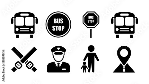 Public transportation and road safety icons collection: buses, bus stops, seatbelt, driver, pedestrians, and location pin, for modern graphics.