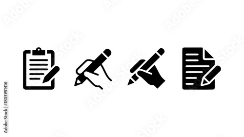 Writing and editing document icons set: clipboard, hand holding pen, hand holding pencil, and document with pencil for forms, notes, and records.