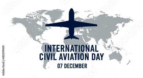 Dark Blue Airplane Silhouette Above "International Civil Aviation Day" Text