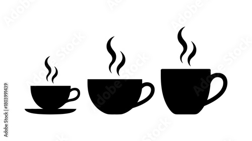 Three hot steaming coffee or tea cups in various sizes, from small espresso cup to large mug, black silhouette icon vector illustration, cafe beverage.