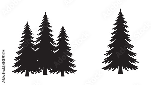 Collection of stylized fir tree silhouettes, including a cluster of three and a single evergreen, perfect for nature, holiday, and forest designs, isolated.