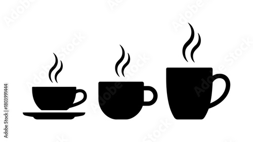 Hot beverage icon collection with steaming black silhouettes of coffee cups and mugs in different sizes, representing warmth and a fresh drink