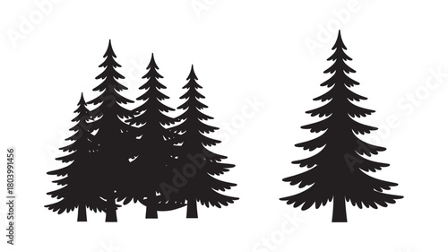 Pine tree silhouettes set with various conifer forest shapes and a standalone evergreen fir graphic, for nature-themed designs and projects