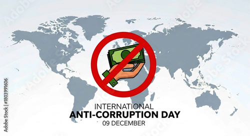Anti-Corruption Day Illustration: Hand holding money with a red prohibition sign