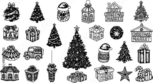 Hand-Drawn Christmas Doodles Set: Festive Ornaments, Trees, Gifts  More