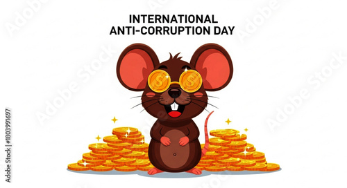 Cartoon Mouse Wearing Gold Coin Sunglasses and Smiling with Gold Coins