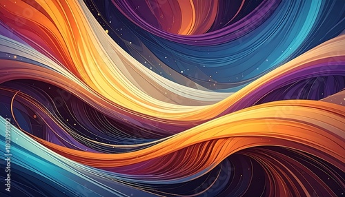 A vibrant abstract design featuring flowing, interwoven ribbons of rich color, transitioning through a spectrum of warmth and coolness