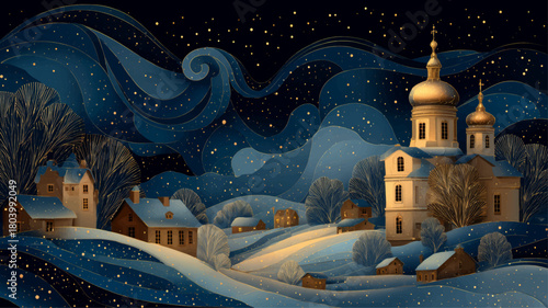Peaceful Orthodox Christmas night village with glowing golden domes and swirling starry winter sky, creating an enchanting festive spiritual atmosphere for seasonal presentations.