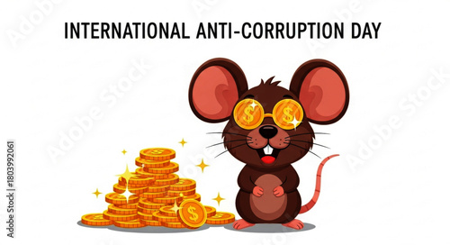 Cartoon Mouse with Gold Coins and Sunglasses for Anti-Corruption Day