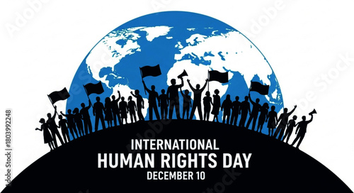 Silhouette Crowd Celebrating International Human Rights Day with Flags and Megaphone