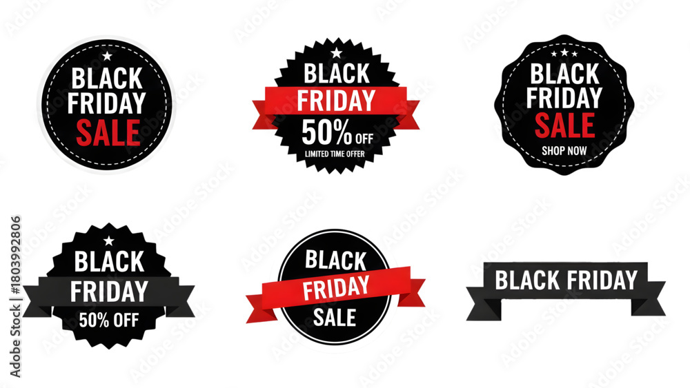 Fototapeta premium Black Friday sale badges and banners with discounts and shop now offers, perfect for retail promotions and marketing campaigns