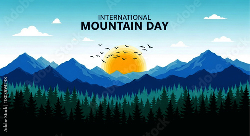 Pixelated Mountain Landscape with Rising Sun and Birds for International Mountain Day
