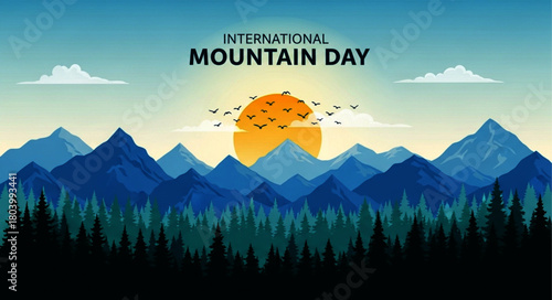 Pixelated Mountain Landscape with Rising Sun and Silhouetted Birds for International Mountain Day