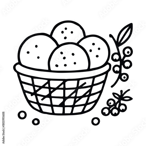 Black-and-white cartoon illustration of woven basket with cookies or rolls, berries, and sprigs in whimsical seasonal theme on transparent background