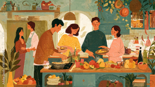 Warm and Colorful Vegan Cooking Illustration Featuring Three Friends Preparing Fresh Plant-Based Meals Together for Inspiring Veganuary Promotion.