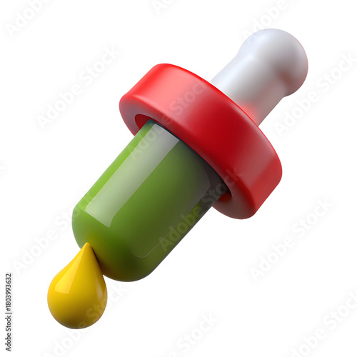 3d dropper with red cap and green liquid yellow drop