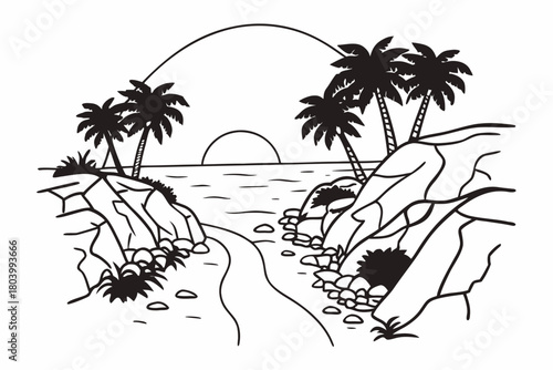 Minimilist a black and white illustration of a tropical beach scene with palm trees and a setting sun horizon vector