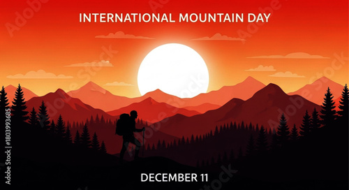 Silhouette of Hiker with Backpack Trekking Through Mountain Landscape at Sunset