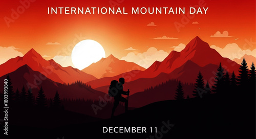 Silhouette of Hiker with Backpack Ascending Mountain Range at Sunset
