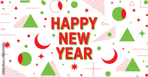 Festive happy new year illustration with vibrant party elements and celebratory confetti in red green and blue