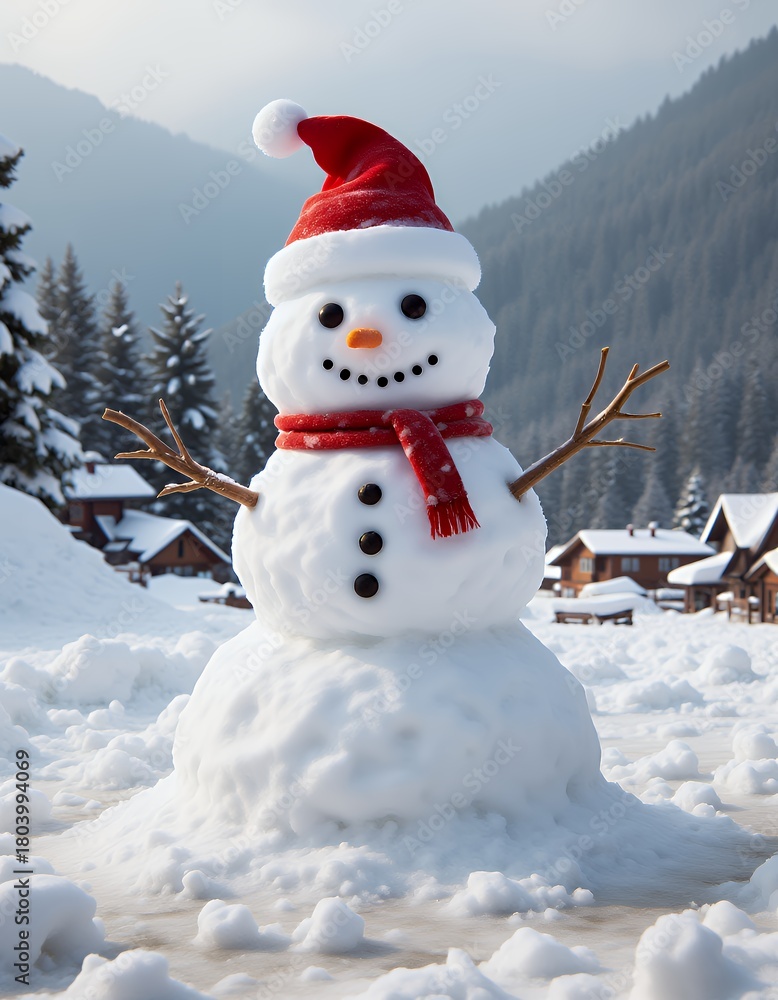 Obraz premium Happy snowman standing in winter christmas landscapesnow background snowman christmas holiday decoration winter season cute snow
