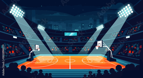 Vector illustration of an empty basketball court in a stadium at night, illuminated by bright spotlights before a big game