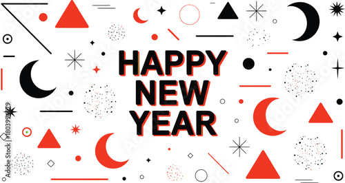 Vibrant happy new year celebration illustration with confetti balloons champagne and festive party elements in bright colors