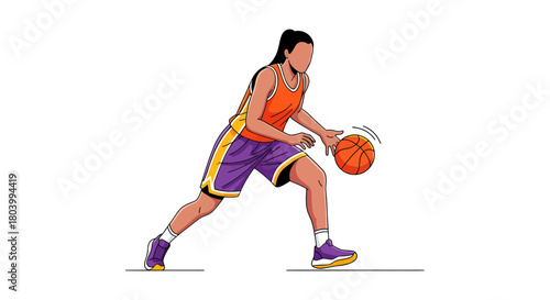 Athletic female basketball player in uniform dribbling the ball, a vector illustration of a woman in sport isolated on a white background