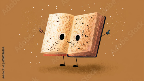 Adorable smiling Braille book character celebrating inclusive reading and tactile literacy on a warm educational background with generous copy space.