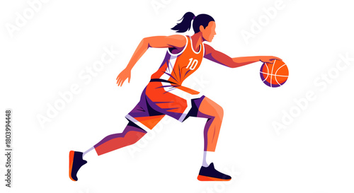 Dynamic illustration of a female athlete showcasing agility and control on the court, skillfully dribbling a basketball with focused determination during intense play