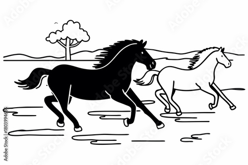 Minimilist two horses running in a field with a tree in the background in a black and white illustration vector