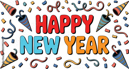 Vibrant new year s eve celebration illustration with confetti champagne balloons and festive party elements in bright colors