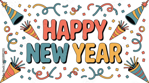 Festive happy new year illustration with vibrant party elements and celebratory graphics
