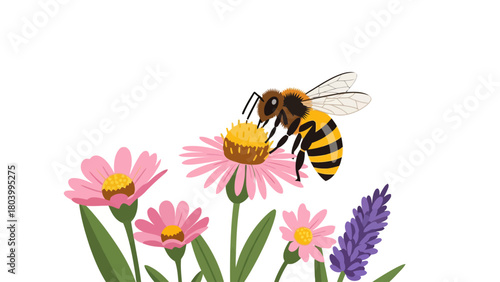 A bee collecting nectar from a pink coneflower in a field of flowers