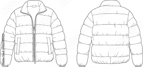 Vector puffer jacket illustration showing detailed front and back quilted panels, zipper closure, pockets, and insulated outerwear design for modern winter fashion