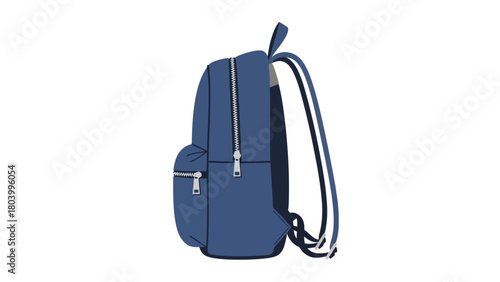 A blue backpack with zippers and straps is shown against a white background