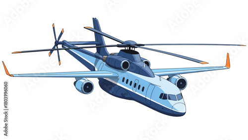 A blue and white twinengine tiltrotor aircraft with rotors on top