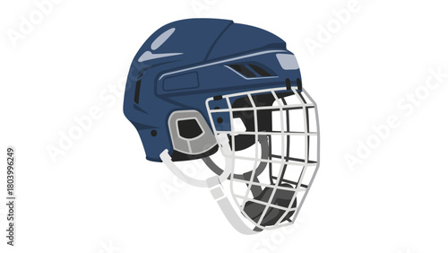 A blue hockey helmet with a white cage and gray ear guards