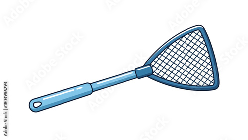 A blue insect net with a triangular mesh head on a white background