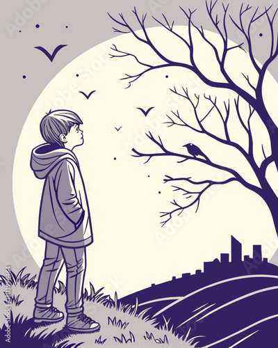 Minimilist a boy in a hoodie standing in a field looking at birds and a crow in a tree with a city skyline view vector